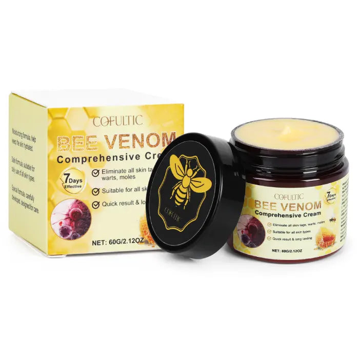 Bee venom cream open jar with visible cream texture and packaging box on clean white background.