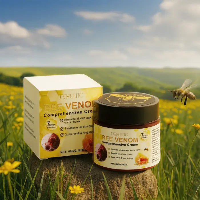 Bee venom cream jar and box displayed in nature with bee, highlighting natural ingredients and purity.