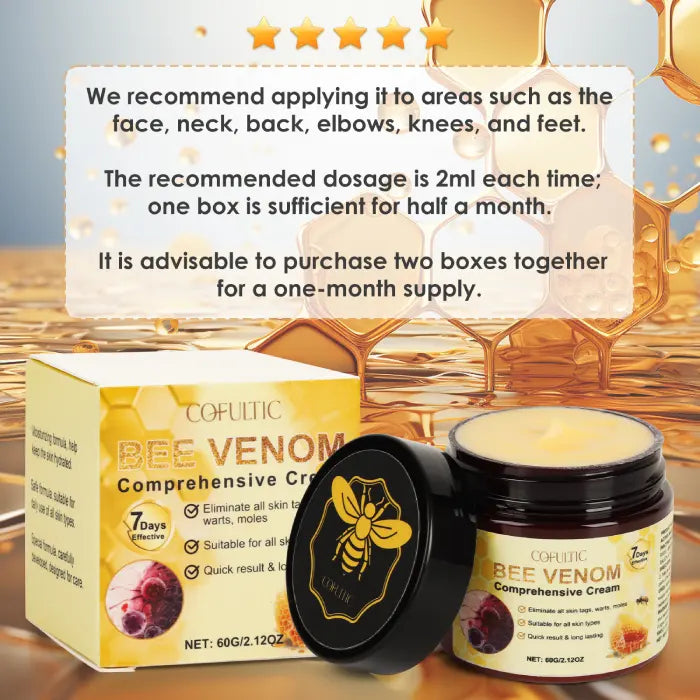 Bee venom cream box with usage instructions for face, neck, and body; recommended daily application.