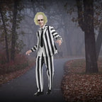 Bettle Juice Halloween custom with striped suit and spooky vibe in a foggy forest path with autumn leaves.