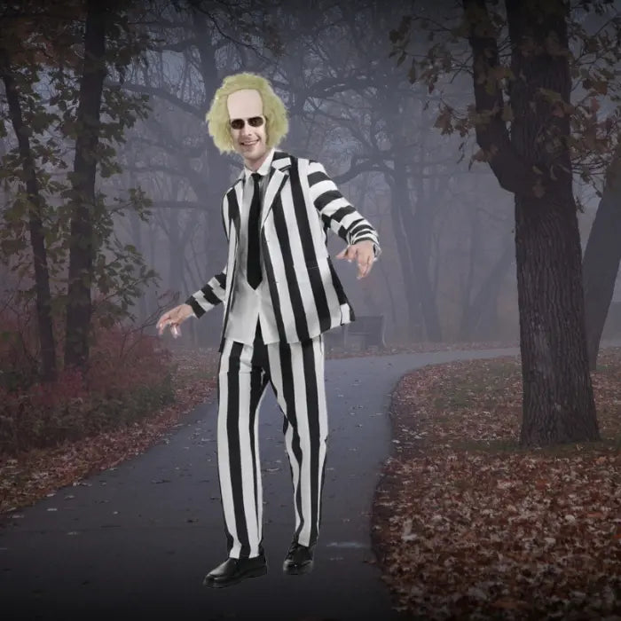 Bettle Juice Halloween custom with striped suit and spooky vibe in a foggy forest path with autumn leaves.
