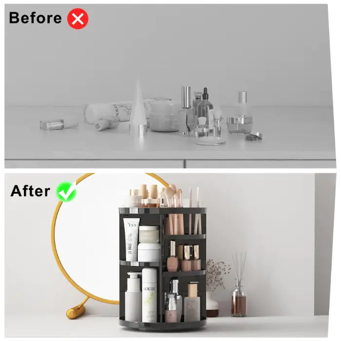 Before and after comparison showing organized cosmetics using a rotating makeup organizer.