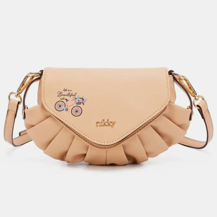 Trendy beige pleated shoulder bag featuring vintage bicycle design, ideal for casual everyday fashion accessories