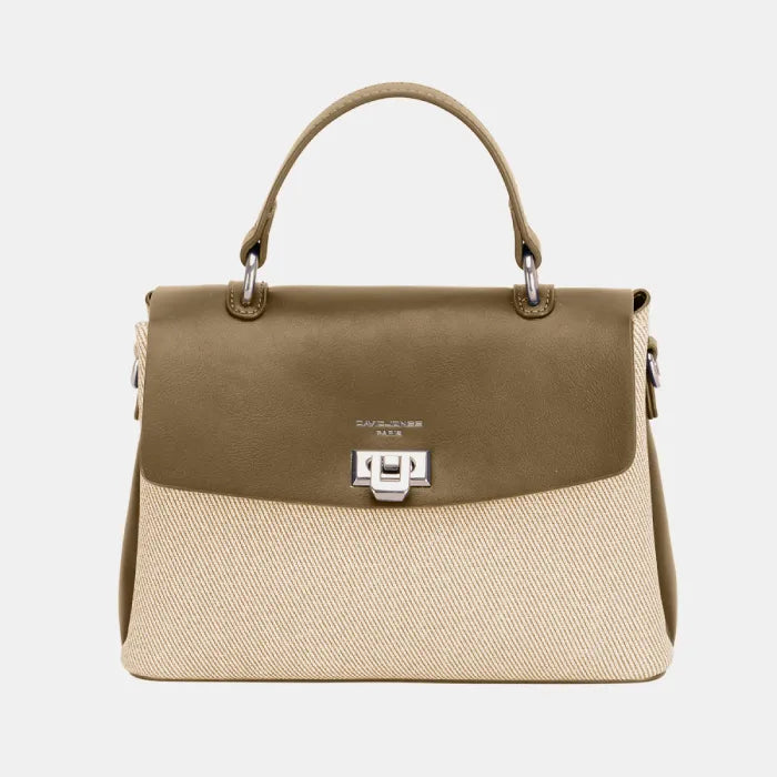 Beige and brown handbag with silver clasp, top handle, and textured fabric lower panel