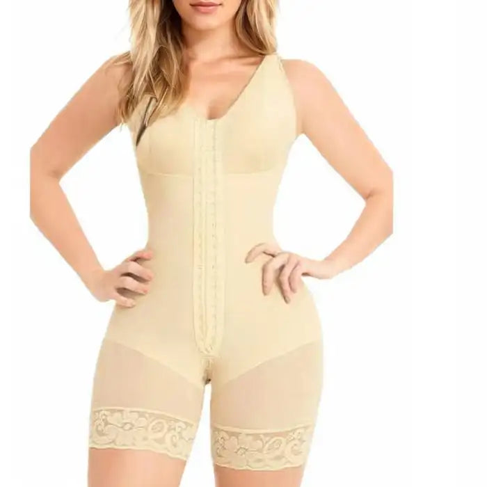 Beige Colombian fajas body shaper with lace trim and front closure for tummy control and compression