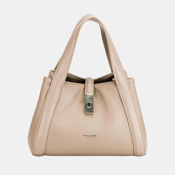 Beige David Jones handbag with silver clasp, ideal for neutral and sophisticated looks.