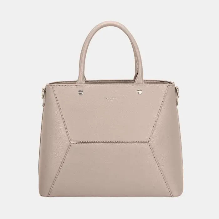  Premium beige leather tote bag featuring geometric panels and dual carrying handles