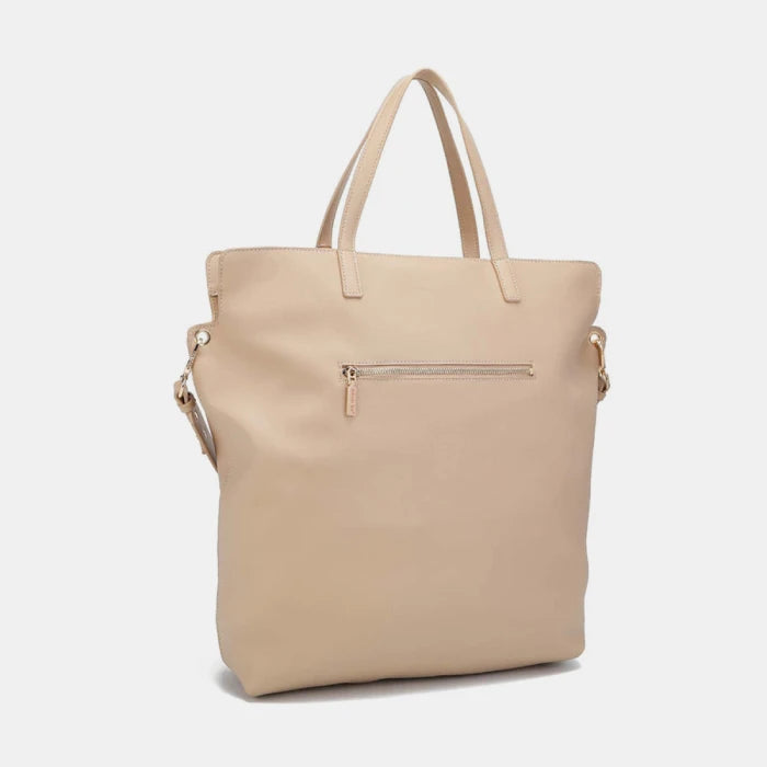 Elegant beige leather tote bag featuring practical back zip pocket and convertible carrying straps for modern  women