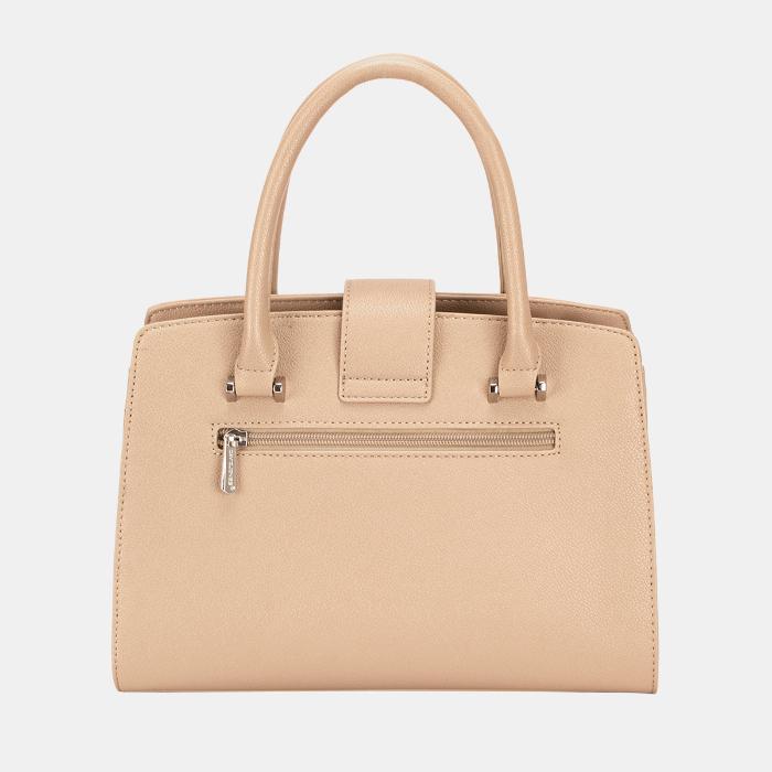 Rear view of beige leather handbag featuring horizontal zip pocket and structured design with stitched detailing