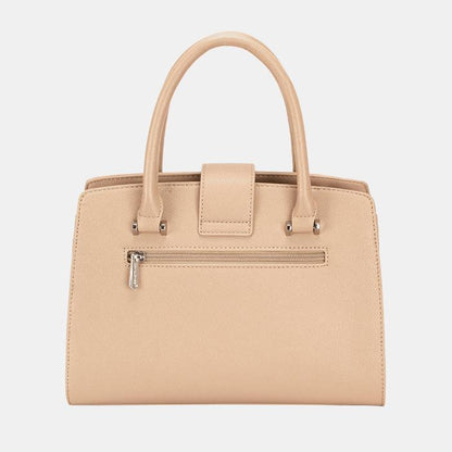 Rear view of beige leather handbag featuring horizontal zip pocket and structured design with stitched detailing