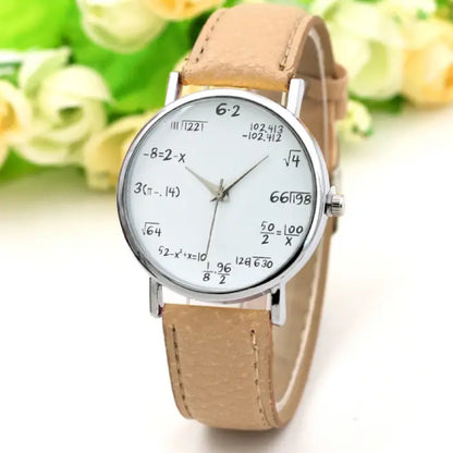 Beige leather wristwatch with white dial showcasing creative mathematical equations for a unique design.