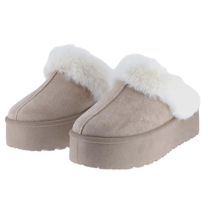 Cozy platform slippers in beige suede with white faux fur trim and chunky sole, perfect for comfortable indoor footwear