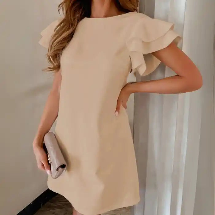 Beige ruffle sleeve shift dress with layered sleeves and a light neutral tone perfect for styling.

