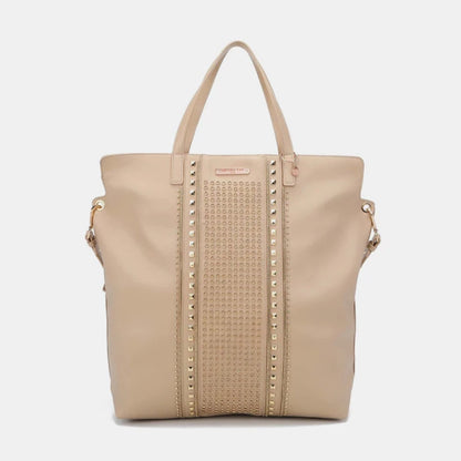 Luxury beige leather tote handbag with gold studded detail strip and double handles, perfect for everyday fashion wear