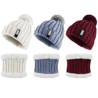 Bennie Hat Scarf Set displayed in red, cream, and blue with soft fleece interior and knit texture.