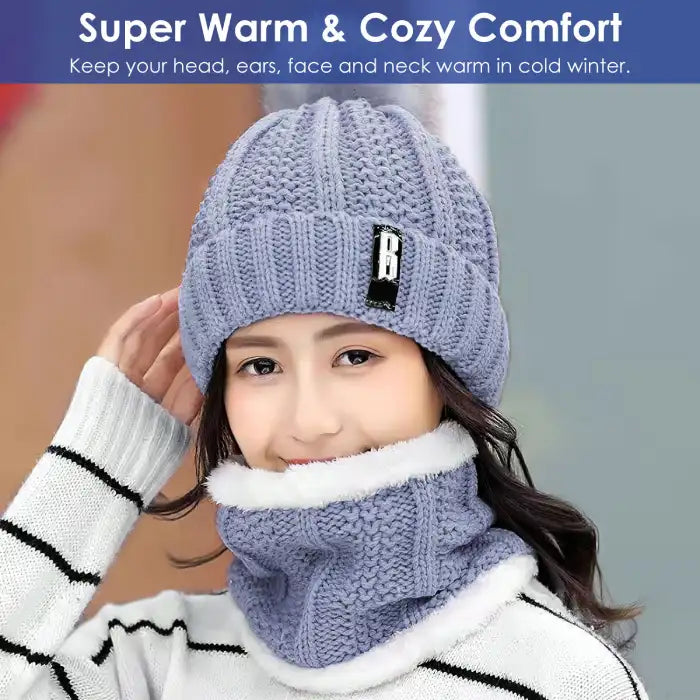 Bennie Hat Scarf Set in light blue shown keeping head, ears, and neck warm in winter weather.