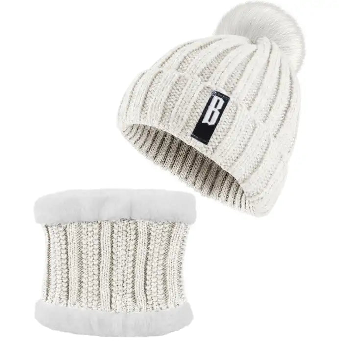 Cream-colored Bennie Hat Scarf Set with fluffy white lining and cozy ribbed knit fabric.