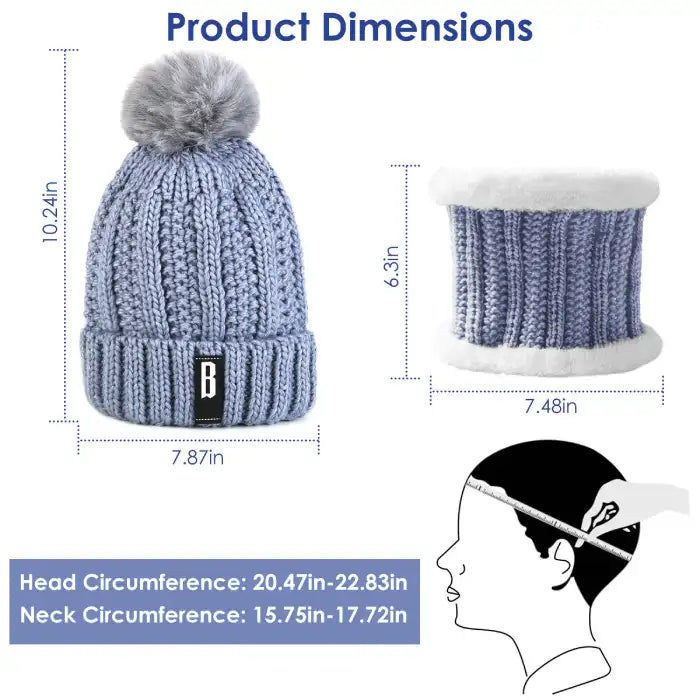 Bennie Hat Scarf Set with detailed size chart for head and neck circumference measurements.