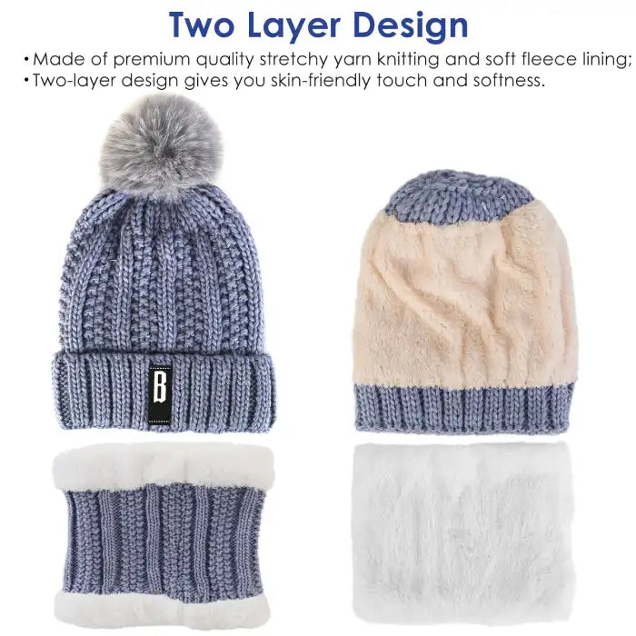 Bennie Hat Scarf Set highlighting two-layer fleece-lined interior for warmth and softness.