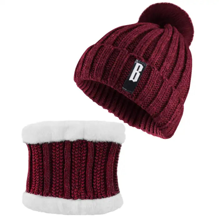 Bennie Hat Scarf Set in deep red color with white fleece lining and ribbed knit for cold weather warmth.