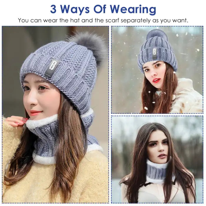 Bennie Hat Scarf Set shown worn as full set, separate hat, or separate neck warmer.