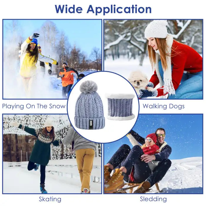 Bennie Hat Scarf Set suitable for sledding, skating, walking dogs, and snowy outdoor play.