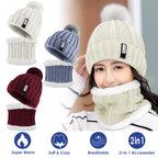 Bennie Hat Scarf Set in cream, blue, and red with soft fleece lining and cozy knitted design.