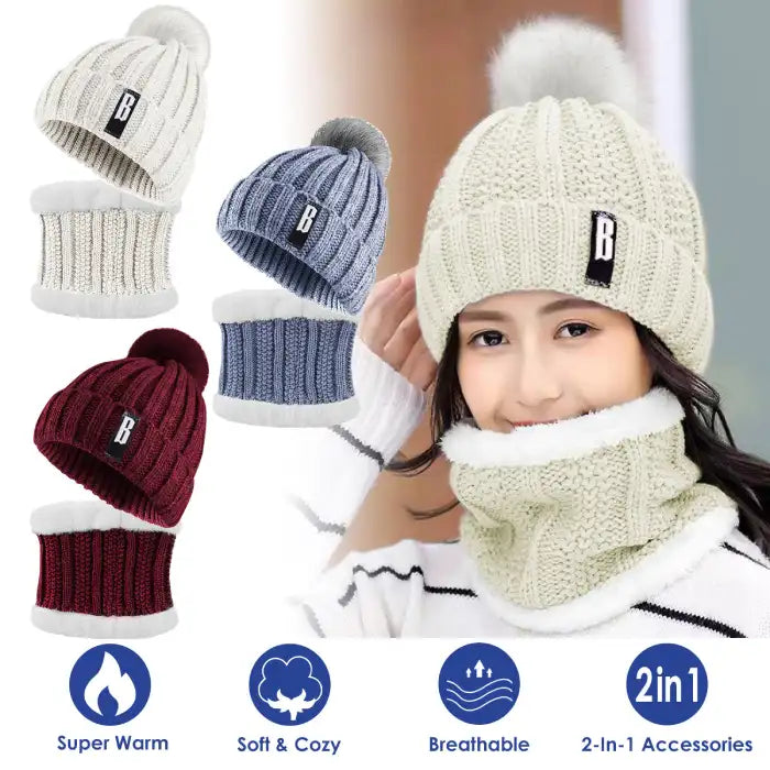 Bennie Hat Scarf Set in cream, blue, and red with soft fleece lining and cozy knitted design.