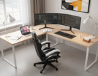 Modern office setup with a L-shaped desk, ergonomic chair, and multiple computer monitors.