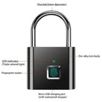 Digital fingerprint lock diagram showing secure chip, fingerprint unlock, USB charging interface, and multi-user capacity features.