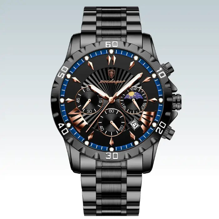 black steel men's watch with blue accents, chronograph functionality, and black bracelet on light background.