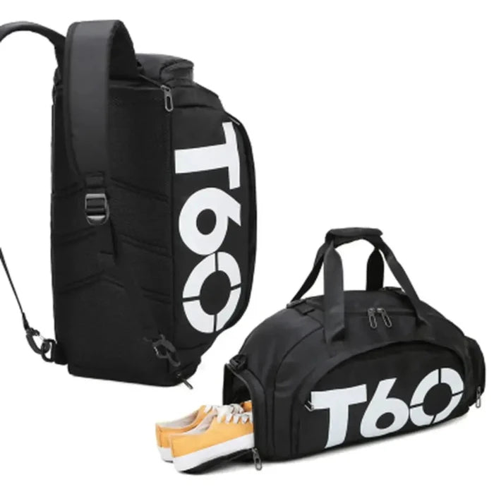 Black backpack and duffel bag set with white logo, featuring multiple compartments and yellow sneakers visible in duffel bag