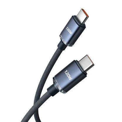 Black braided 120W Type-C fast charging cable for durable and efficient charging performance.