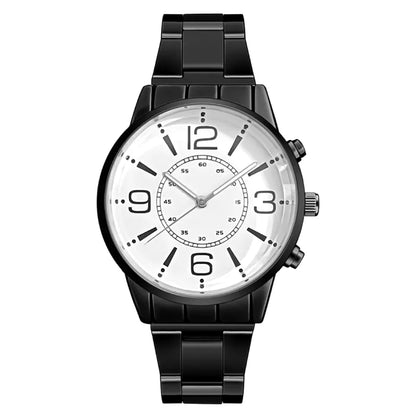 Contemporary black watch case with white dial featuring large numerals and metal bracelet design