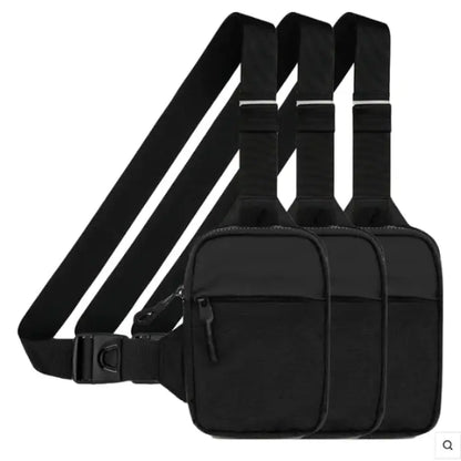 Set of three black chest bags with adjustable straps, multiple compartments, and zipper closures for versatile wear