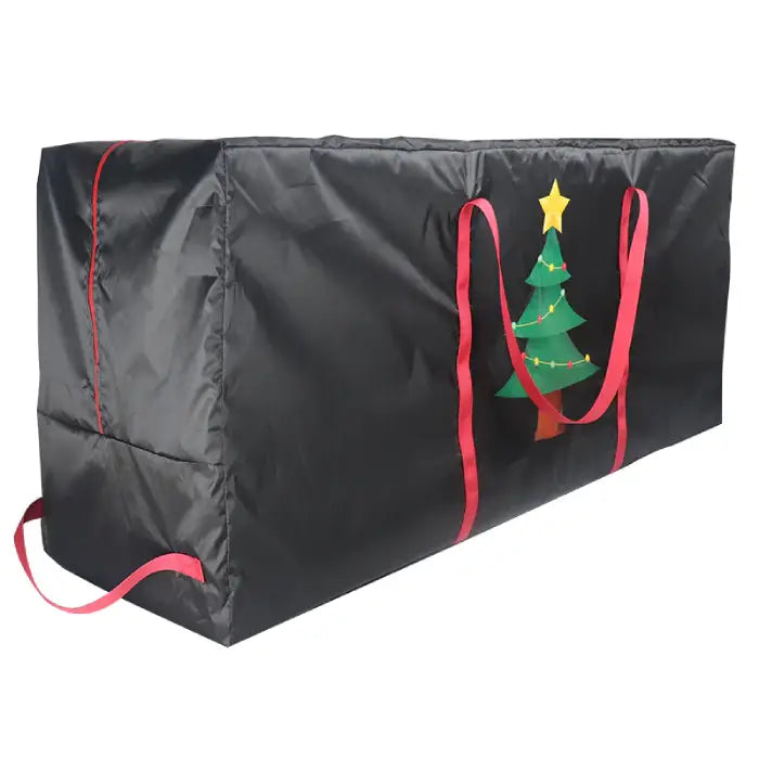 Large black artificial Christmas tree storage bag with red carrying handles and decorative tree logo