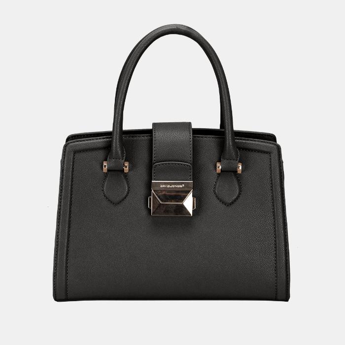 Sophisticated black leather handbag with silver geometric closure and structured design for professional wear