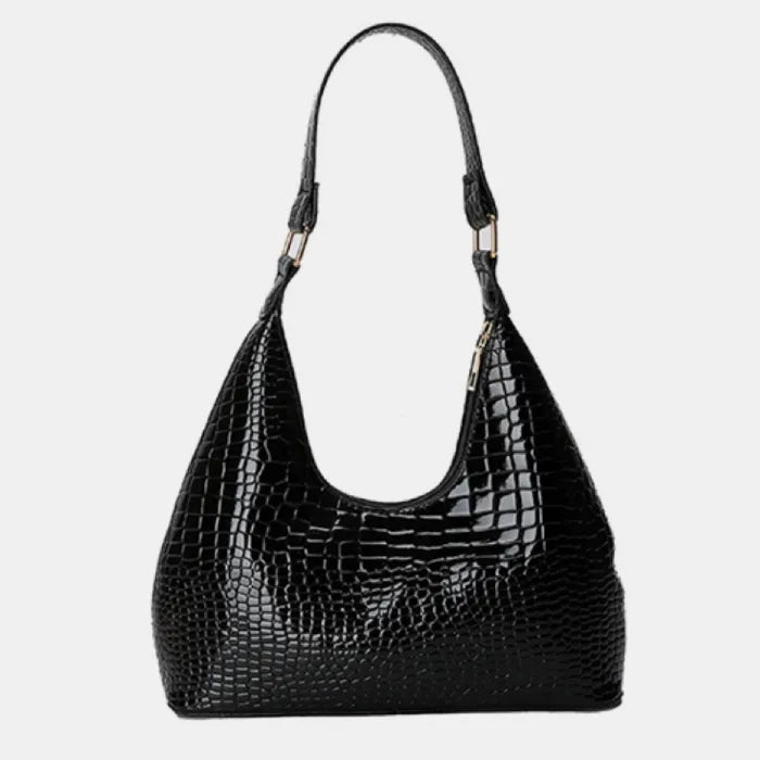 Glossy black crocodile-embossed leather hobo shoulder bag with silver hardware and single strap