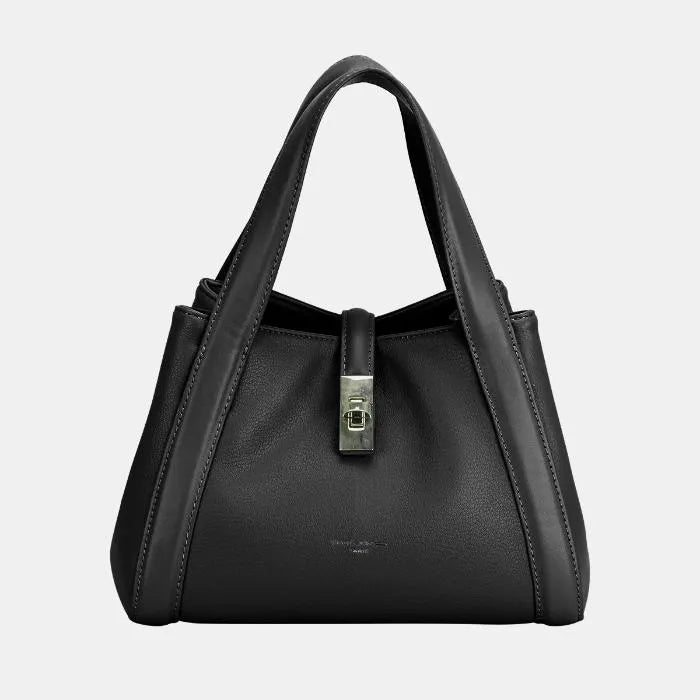 Black David Jones handbag with silver clasp, offering a classic and versatile accessory choice.