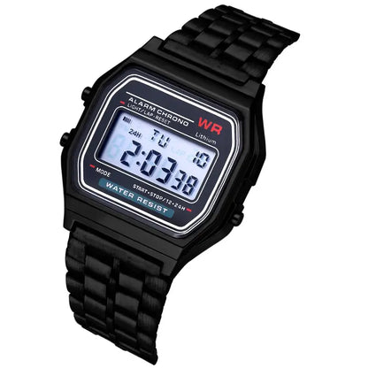 Black digital wristwatch with alarm, water resistance, and a stylish design for a refined modern look.