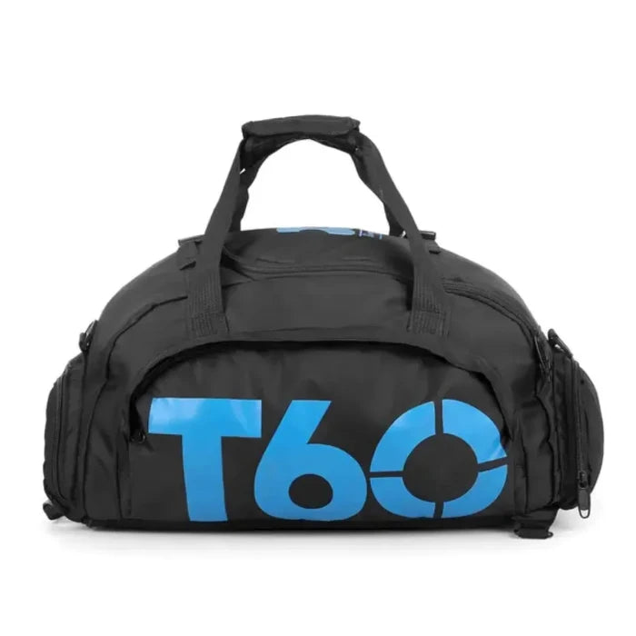 Black duffel bag with bright blue logo, multiple pockets, and adjustable shoulder strap for versatile carrying options