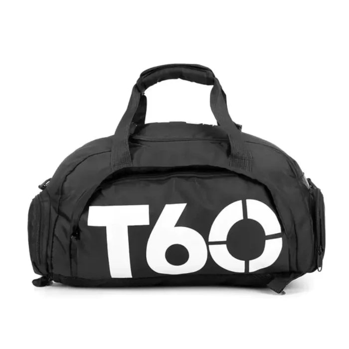 Large black duffel bag with white logo, featuring multiple compartments and sturdy handles for easy carrying