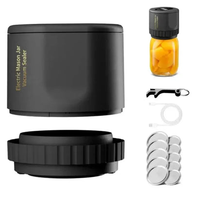 Black electric vacuum sealer with detachable base, accessories, and jar of preserved yellow fruit chunks