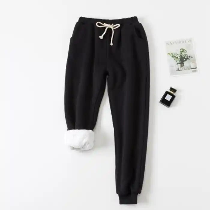 "Black fleece lined jogger sweatpants women soft warm loungewear with elastic cuffs" 