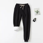 "Black fleece lined jogger sweatpants women soft warm loungewear with elastic cuffs" 