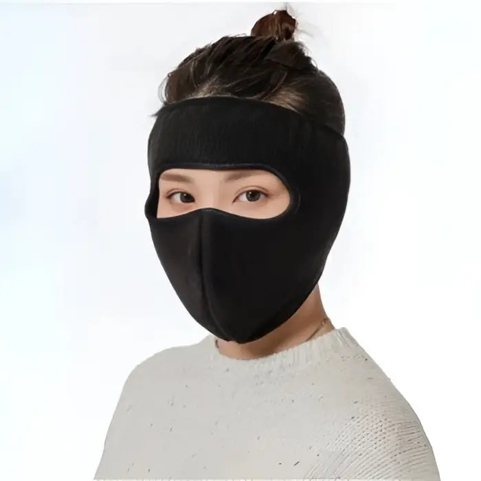 Black fleece face mask for women offering warm and breathable coverage for winter outdoor activities.