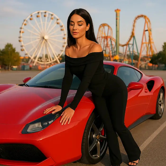 Black formal outfit with off-shoulder design and side cutout shown against colorful amusement park background with red sports car