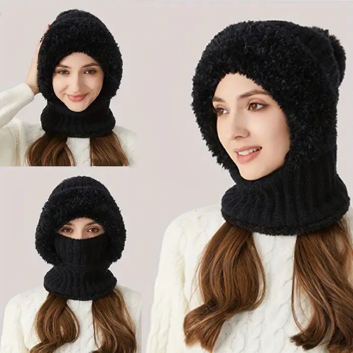 Three views of a person wearing a black fuzzy knit winter hat with an attached face mask