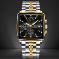 luxury black and gold chronograph watch with a square dial, stainless steel band, and multifunctional sub-dials
