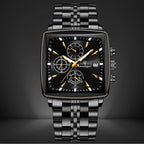 black and gold chronograph watch featuring a square dial, luminous hands, and a durable stainless steel band